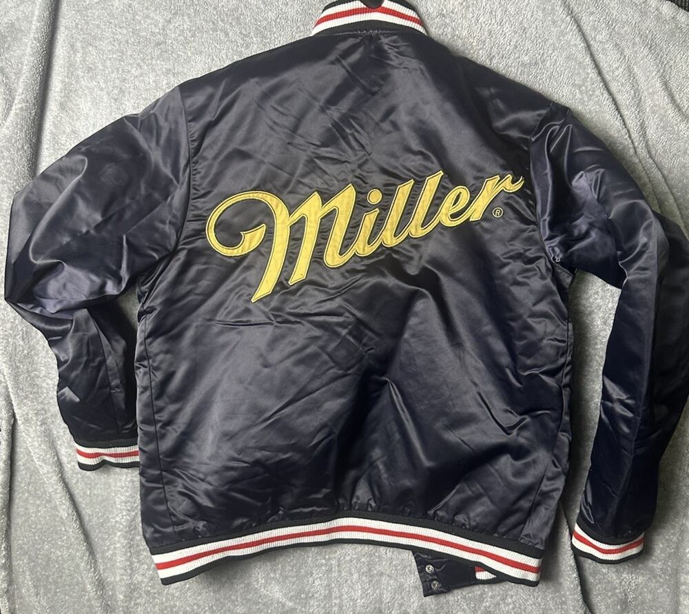 Miller Lite Satin Bomber Jacket Small Navy Beer Logo Quilted Snap Front Coat